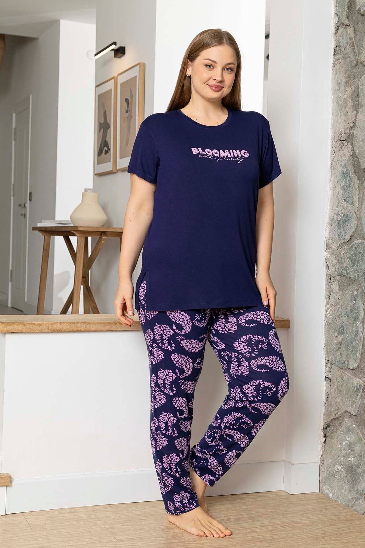 Büyük Beden Kadın Kısa Kol Viskon Pijama Takımı 260064 Lacivert01
