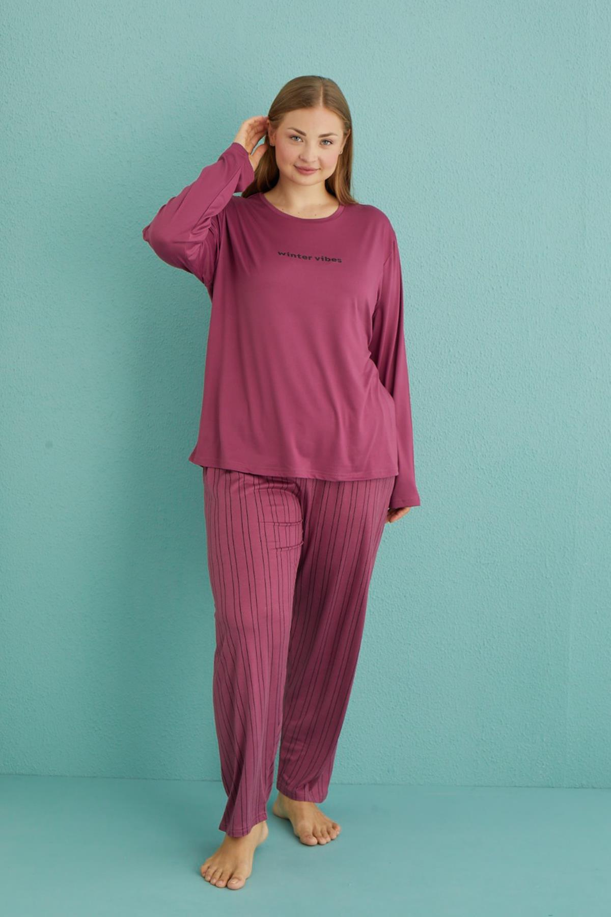 Büyük Beden Kadın Milan Kumaş  Pijama Takımı 50802-30 Mürdüm