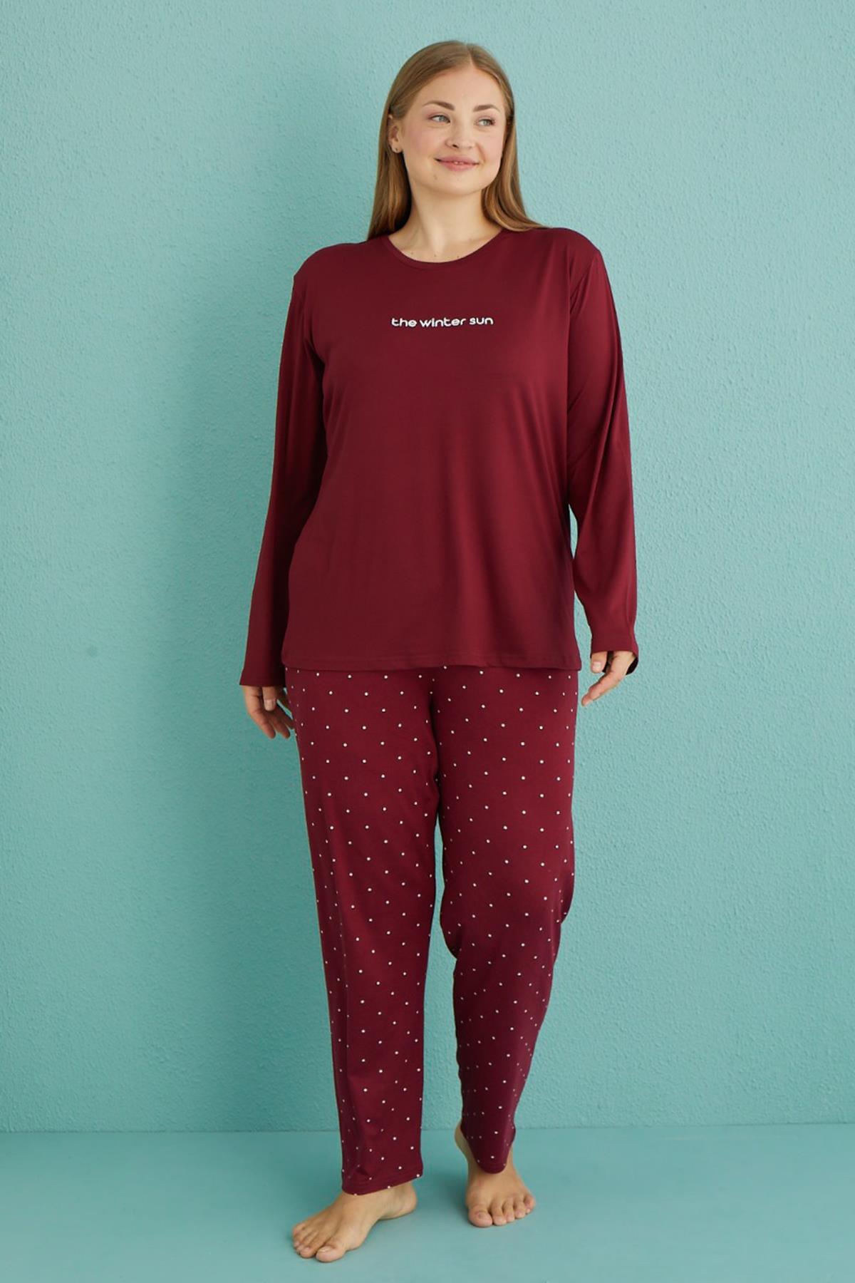 Büyük Beden Kadın Milan Kumaş  Pijama Takımı 50802-29 Bordo