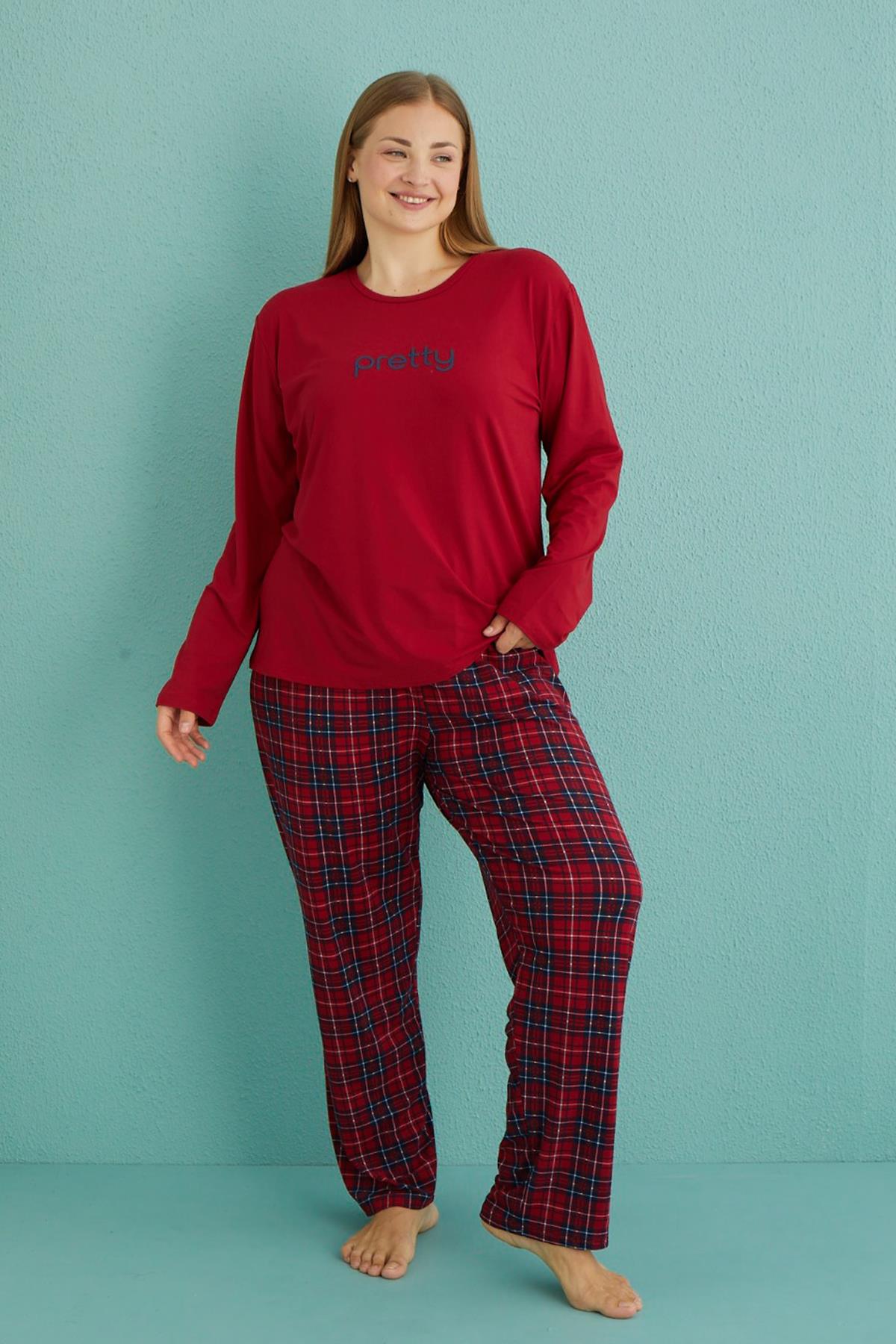 Büyük Beden Kadın Milan Kumaş  Pijama Takımı 50802-24 Kırmızı