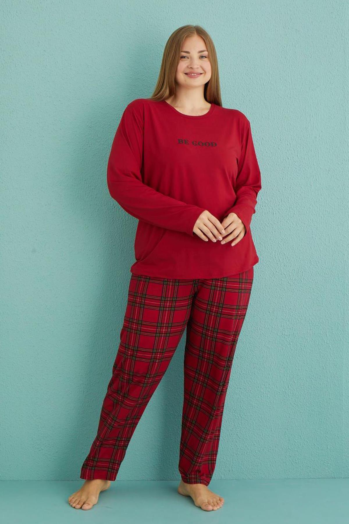 Büyük Beden Kadın Milan Kumaş  Pijama Takımı 50802-5 Kırmızı