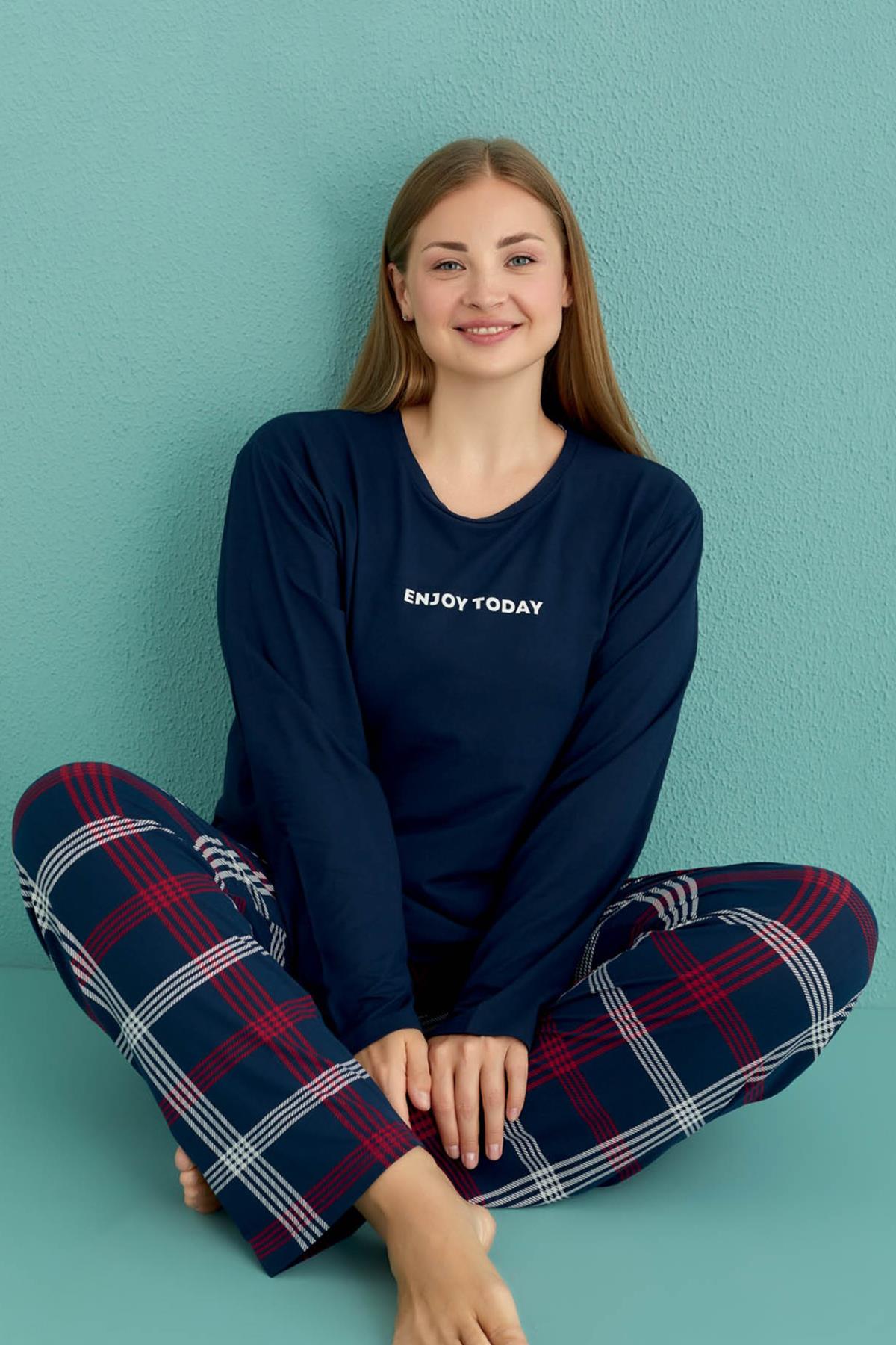 Büyük Beden Kadın Milan Kumaş Pijama Takımı 50802-12 Lacivert