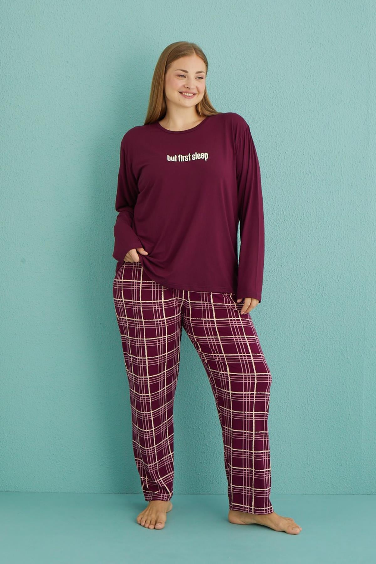 Büyük Beden Kadın Milan Kumaş  Pijama Takımı 50802-9 Mor