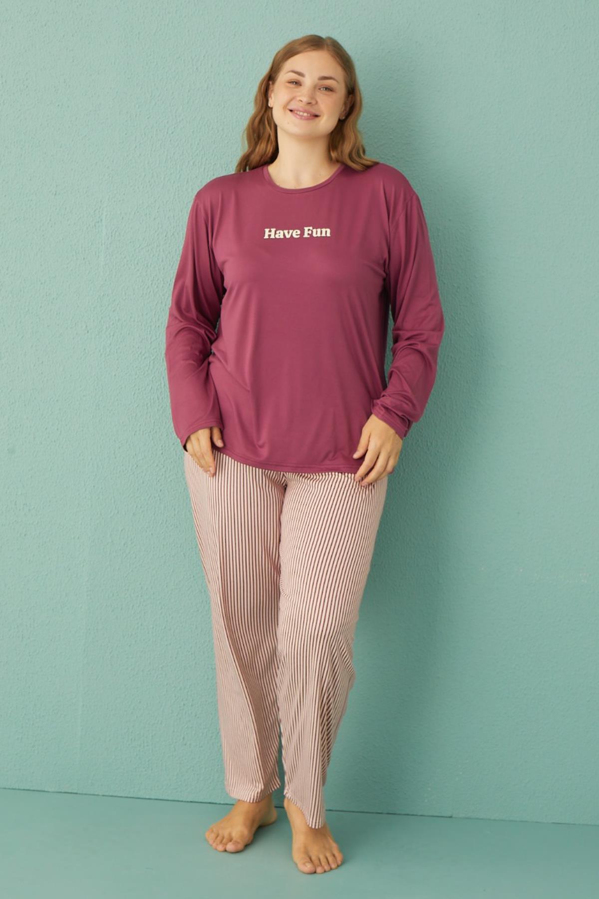 Büyük Beden Kadın Milan Kumaş  Pijama Takımı 50802-15 Mürdüm