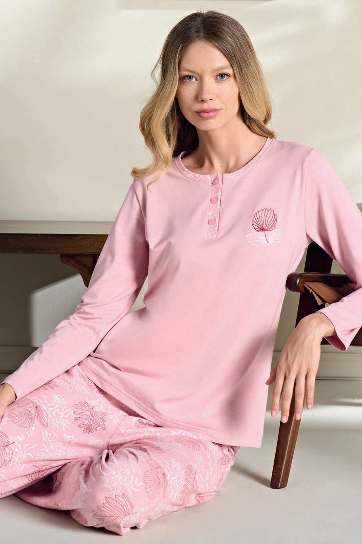 Büyük Beden Kadın Penye Uzun Kol Pijama Takımı 3122 Pembe