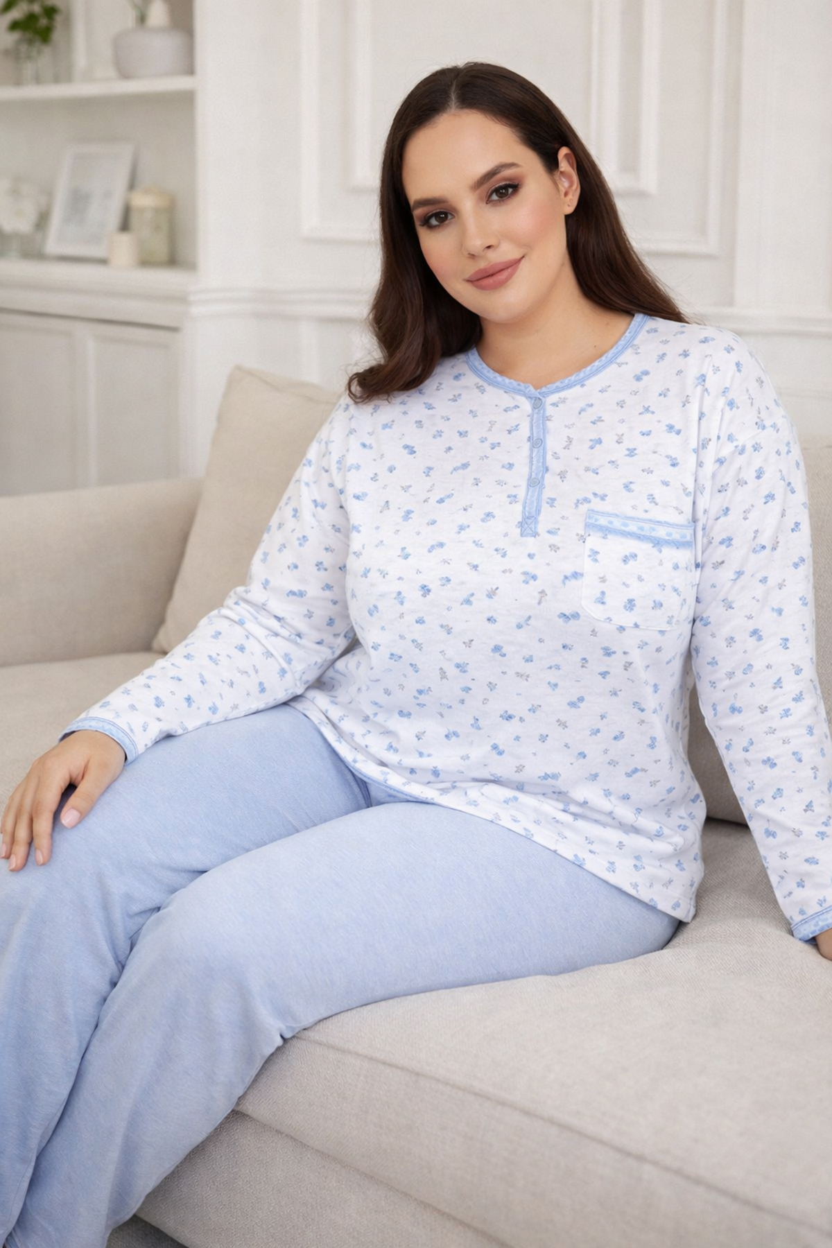 Büyük Beden Kadın Uzun Kol Kroşetalı Patlı Pamuklu Pijama Takımı 240846 Beyaz05