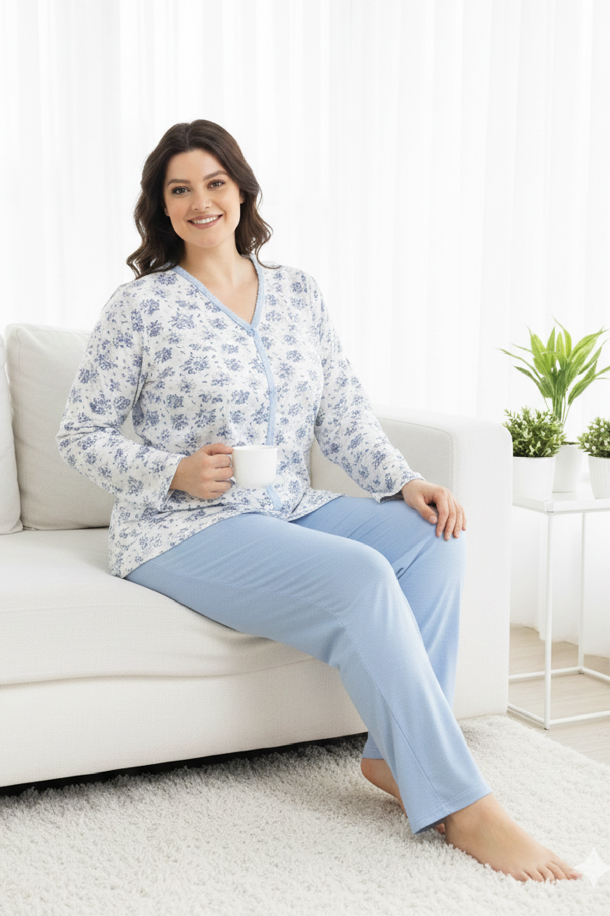 Büyük Beden Kadın Uzun Kol Kroşetalı Pamuklu Pijama Takımı 250687 Beyaz09