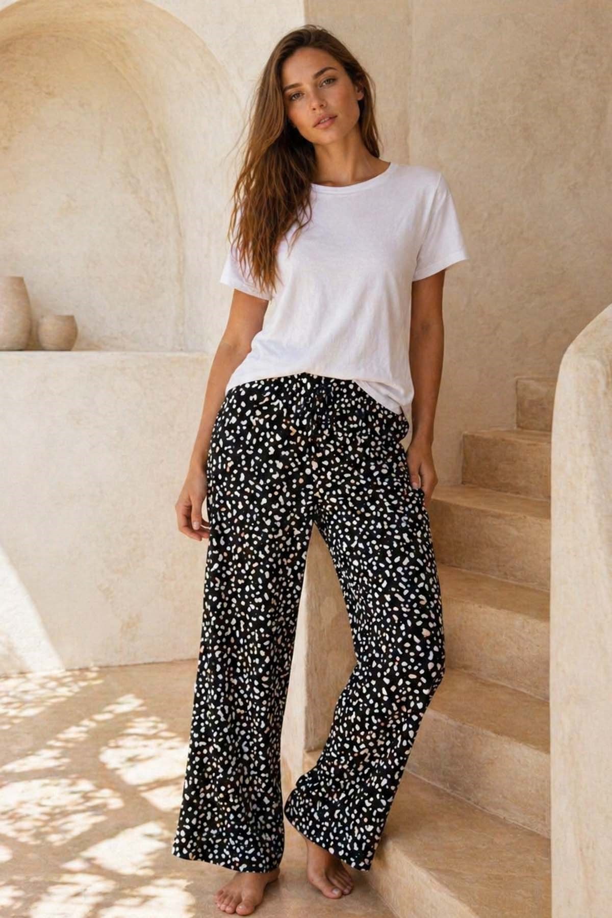 Büyük Beden Kadın Viskon Kumaş Beyaz Puantiye Desen Penye Battal Tek Pijama Alt 19 Siyah04