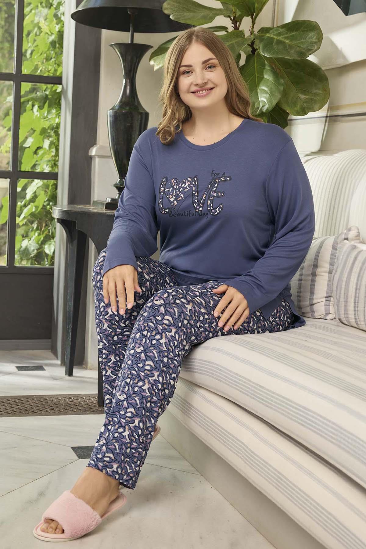 Büyük Beden Kadın Viskon Uzun Kol Pijama Takımı 240656 Mor