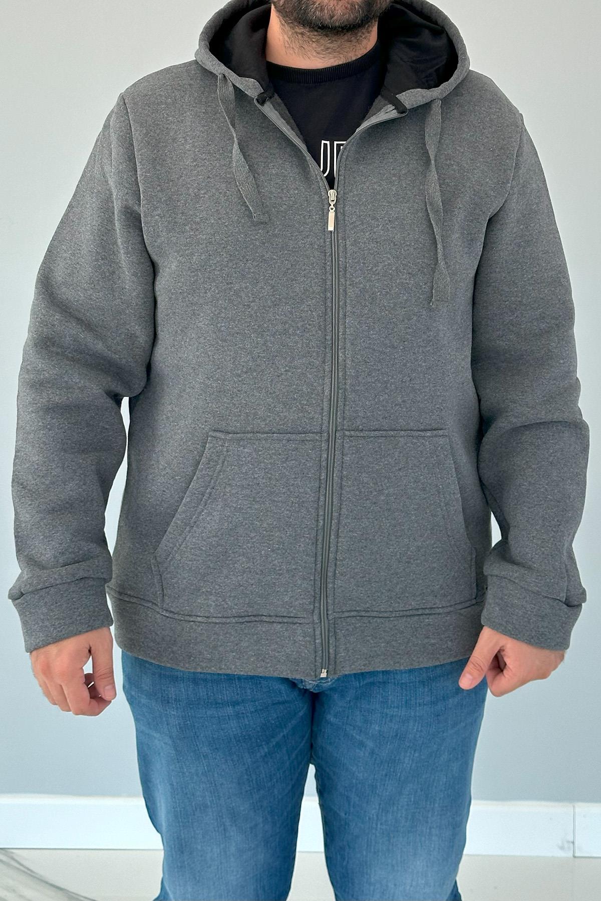 Büyük Beden Kapüşonlu Fermuarlı Üç İplik Battal Sweatshirt AXL141 Gri