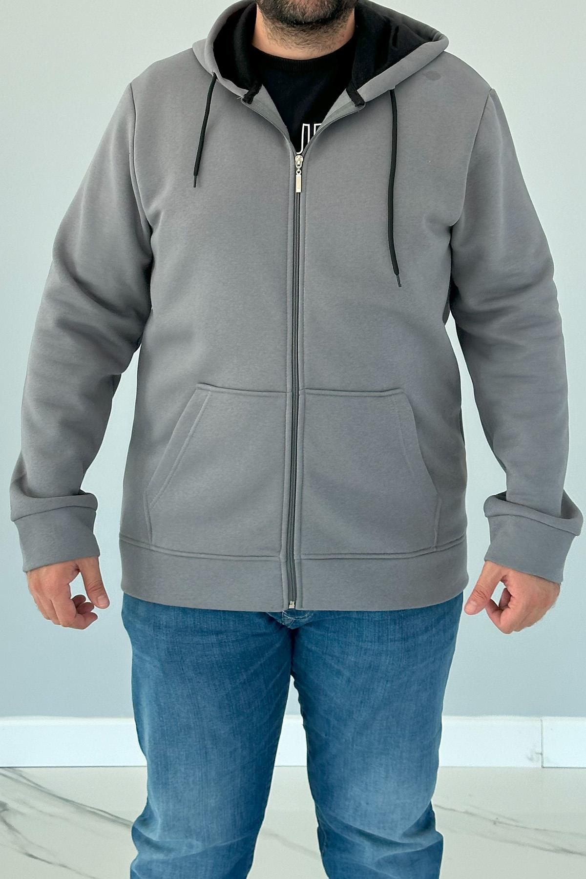 Büyük Beden Kapüşonlu Fermuarlı Üç İplik Battal Sweatshirt AXL142 Antrasit