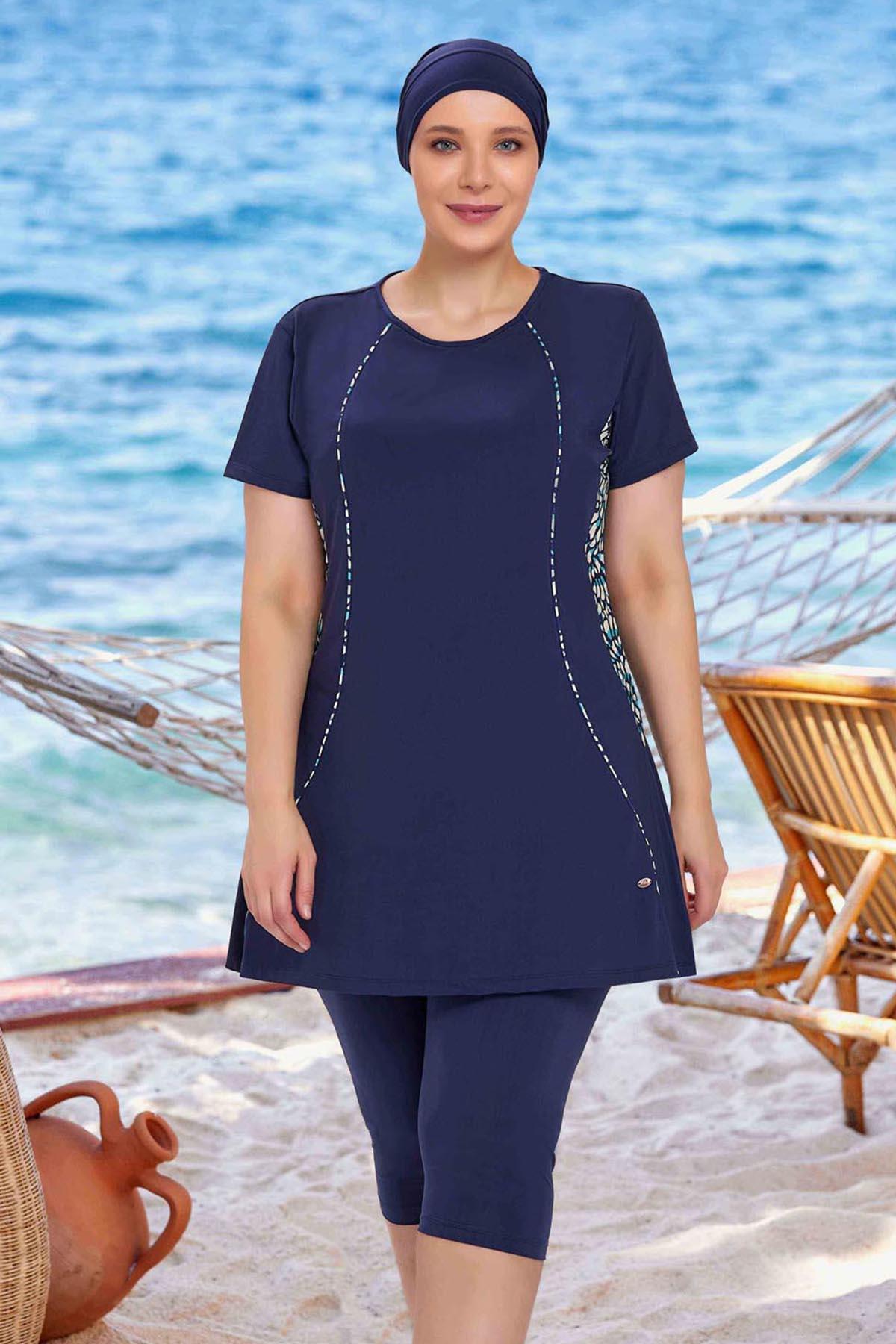 Büyük Beden Kısa Kollu Taytlı Yarı Kapalı Mayo Helga 3934 Koyu Lacivert