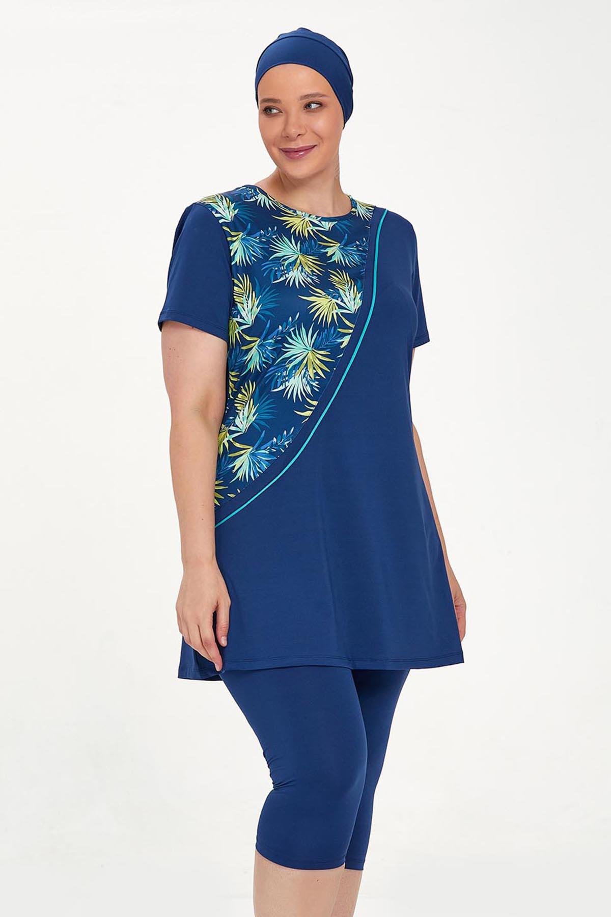 Büyük Beden Kısa Kollu Taytlı Yarı Kapalı Mayo Nala Battal 8321 Açık Lacivert