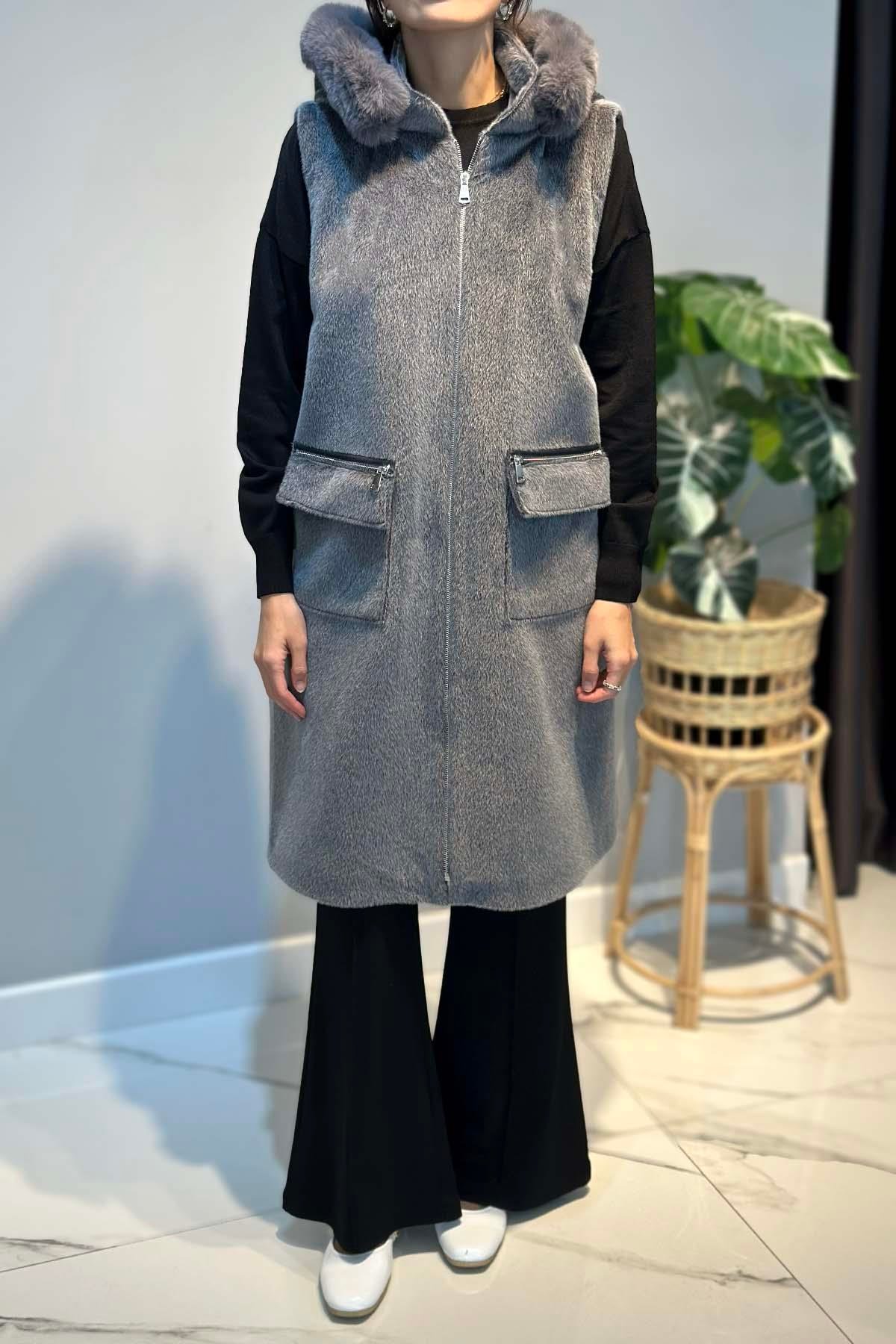 Büyük Beden Kürk Detay Kapüşonlu Yelek 2595 Gri