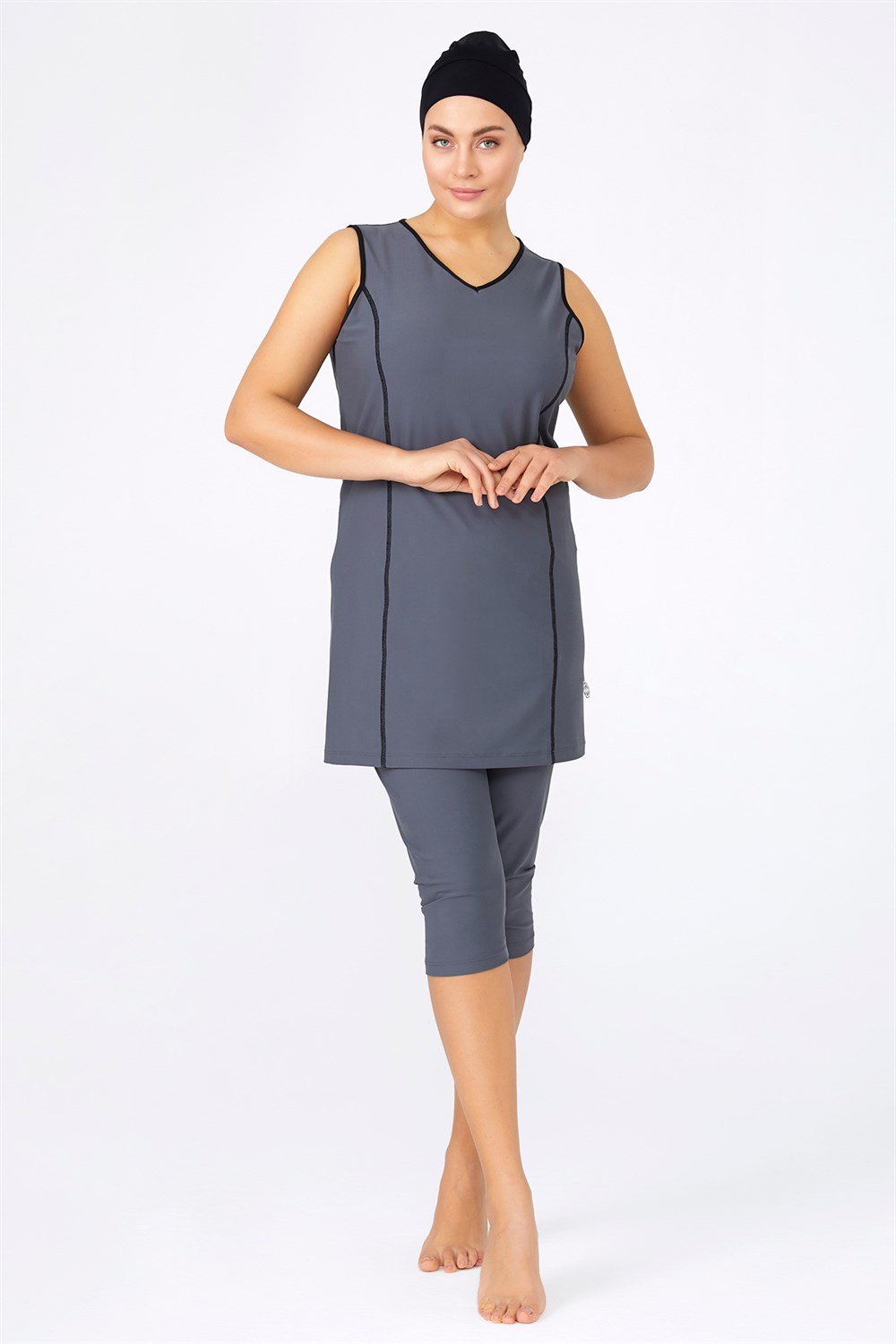 Büyük Beden Likralı Kolsuz Yarı Kapalı Tesettür Mayo 0597 Antrasit