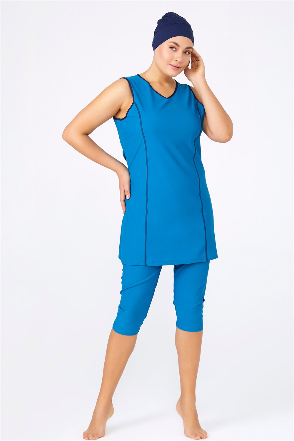 Büyük Beden Likralı Kolsuz Yarı Kapalı Tesettür Mayo 0597 Petrol