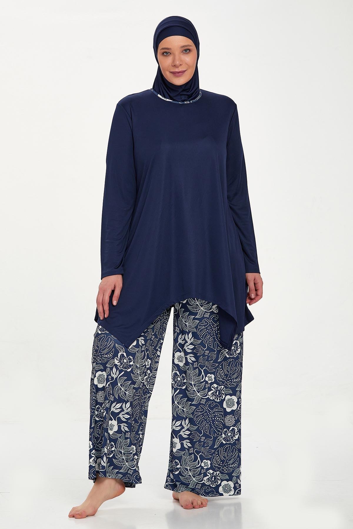 Büyük Beden Likralı Tam Kapalı Tesettür Mayo Bol Paça Rozamay Dorothy 9242 Koyu Lacivert