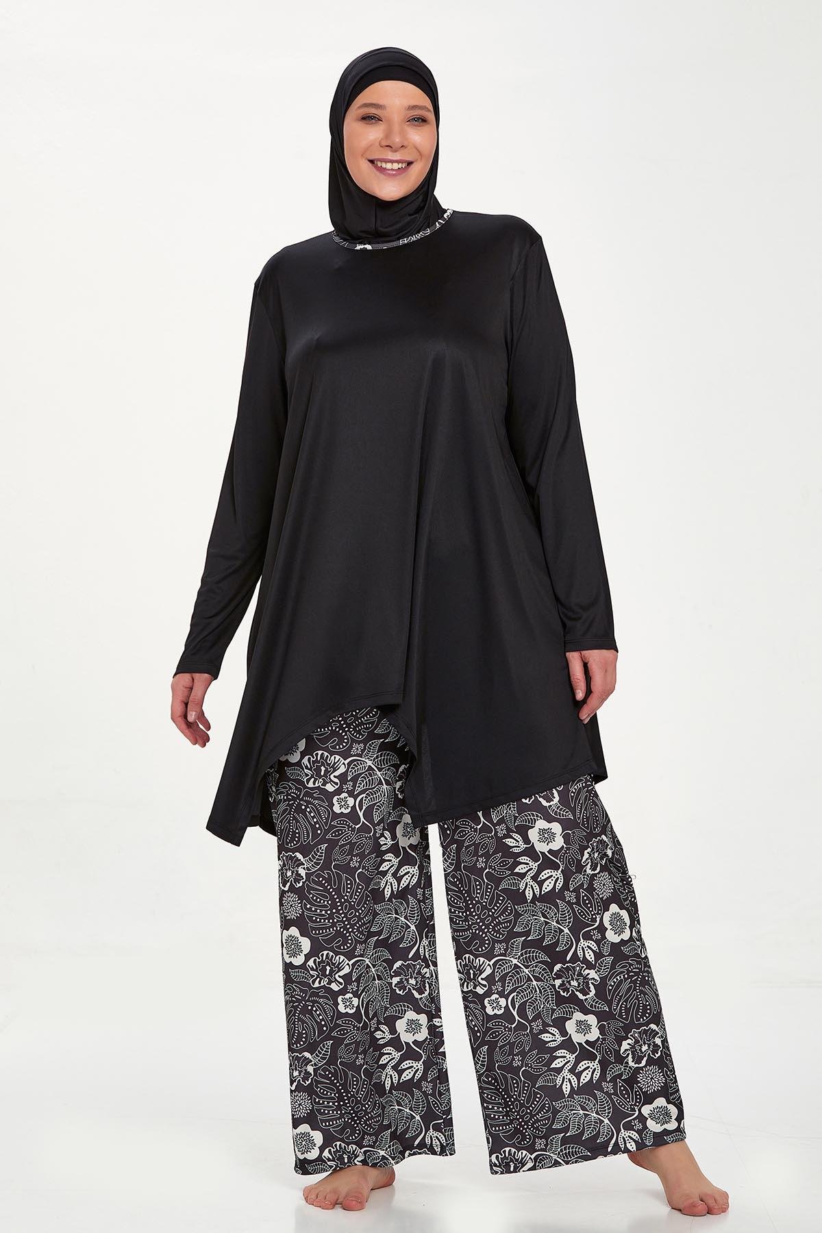Büyük Beden Likralı Tam Kapalı Tesettür Mayo Bol Paça Rozamay Dorothy 9242 Siyah