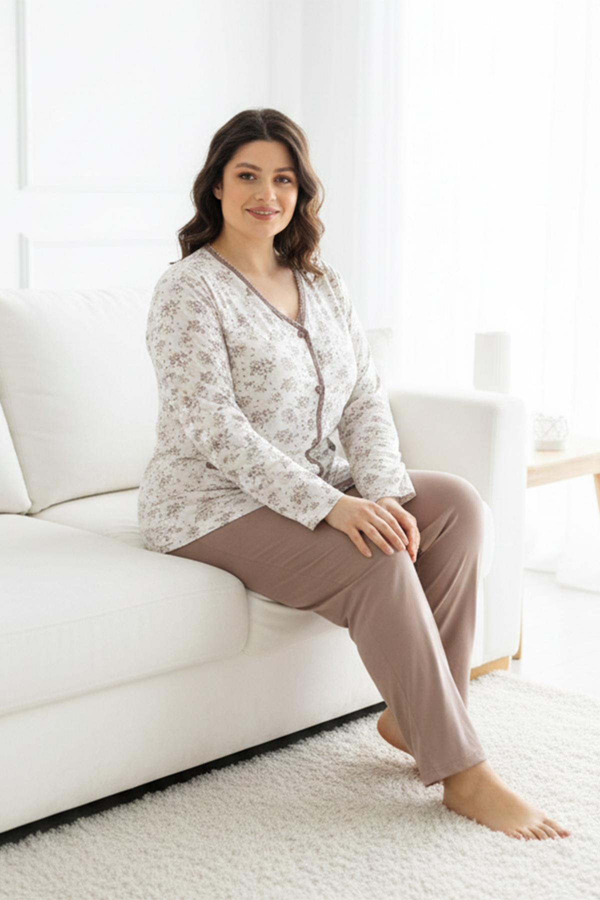 Büyük Beden Önü Düğmeli Kadın Uzun Kol Kroşetalı Pamuklu Pijama Takımı 250691 Beyaz04