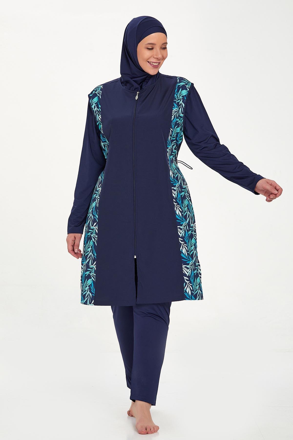 Büyük Beden Tam Kapalı Tesettür Mayo Jewelına Battal 2315 Koyu Lacivert