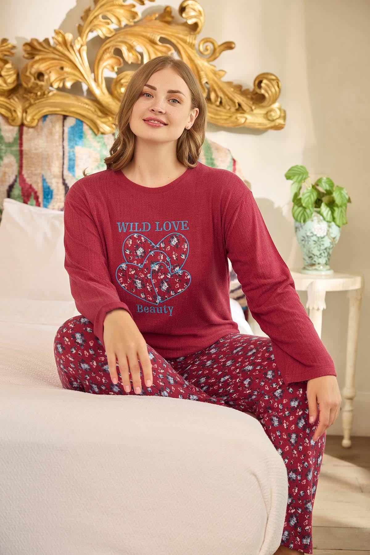 Büyük Beden Viskon Kadın Uzun Kol Pijama Takımı 240681 Bordo