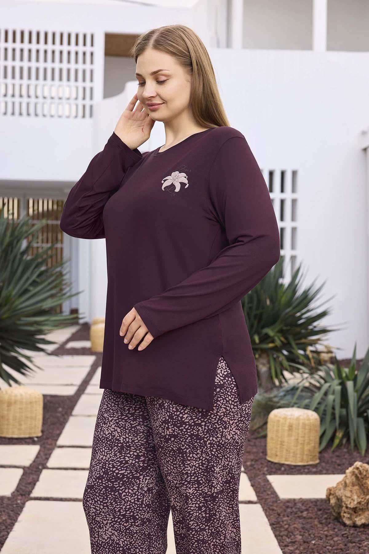 Büyük Beden Viskon Kadın Uzun Kol Pijama Takımı 250497 Mürdüm03