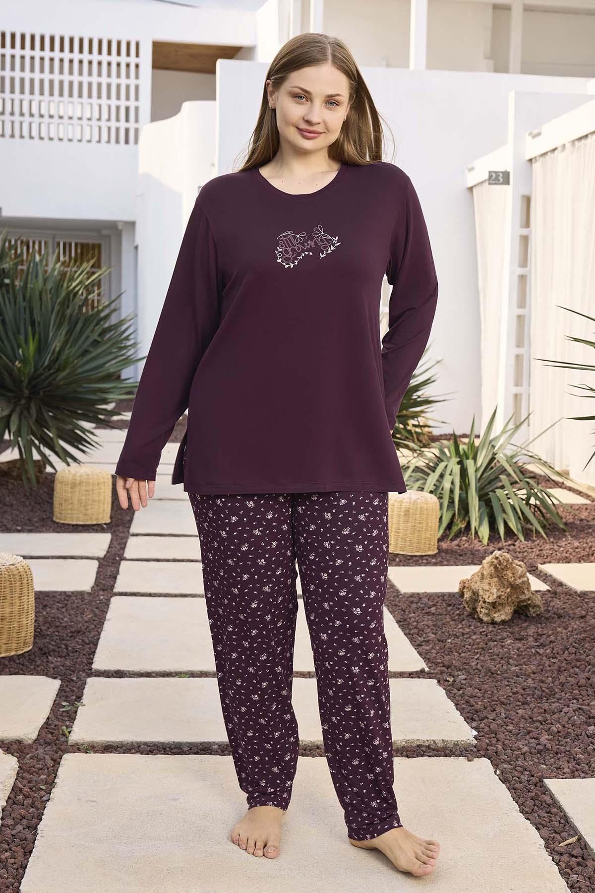 Büyük Beden Viskon Kadın Uzun Kol Pijama Takımı 250498 Mürdüm02