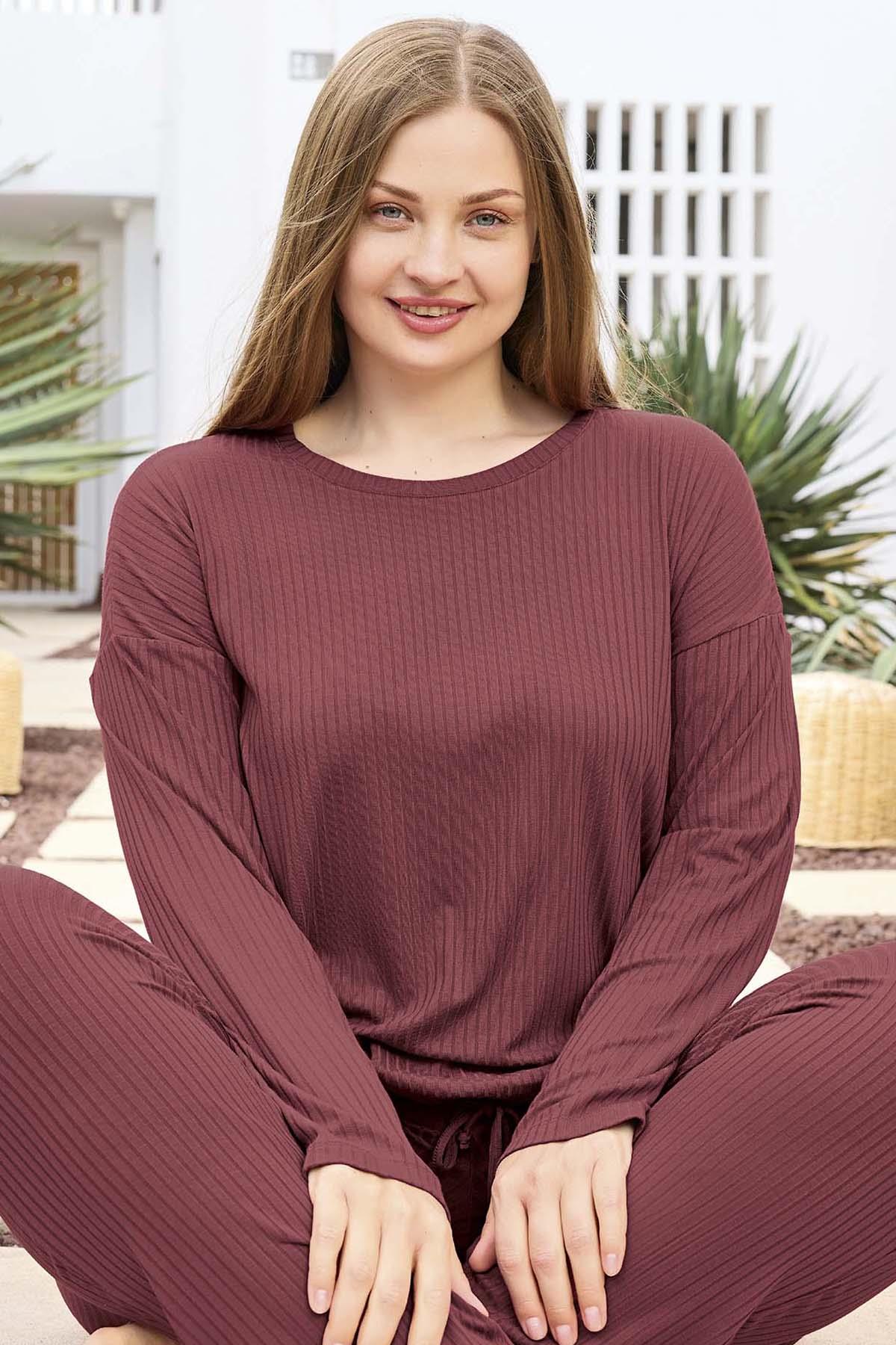 Büyük Beden Viskon Kadın Uzun Kol Pijama Takımı 250470 Mürdüm01