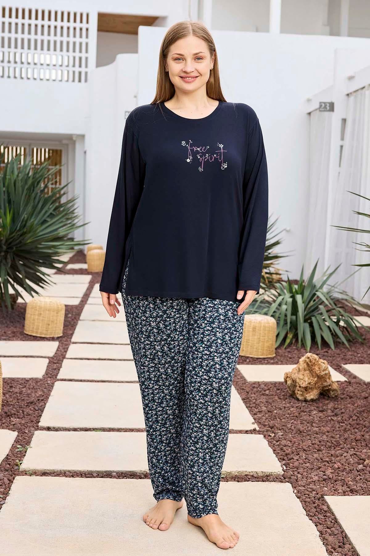 Büyük Beden Viskon Kadın Uzun Kol Pijama Takımı 250495 Laci02