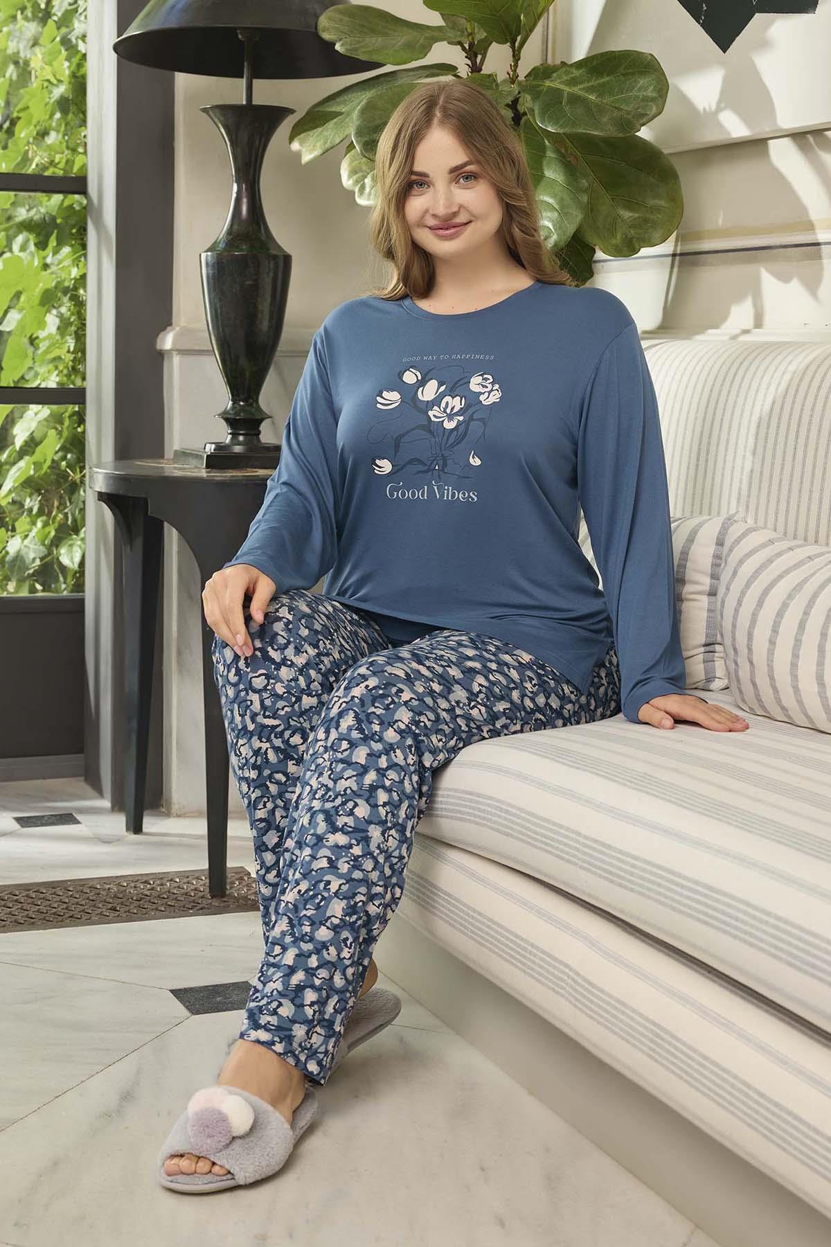 Büyük Beden Viskon Kadın Uzun Kol Pijama Takımı 240660 Mavi