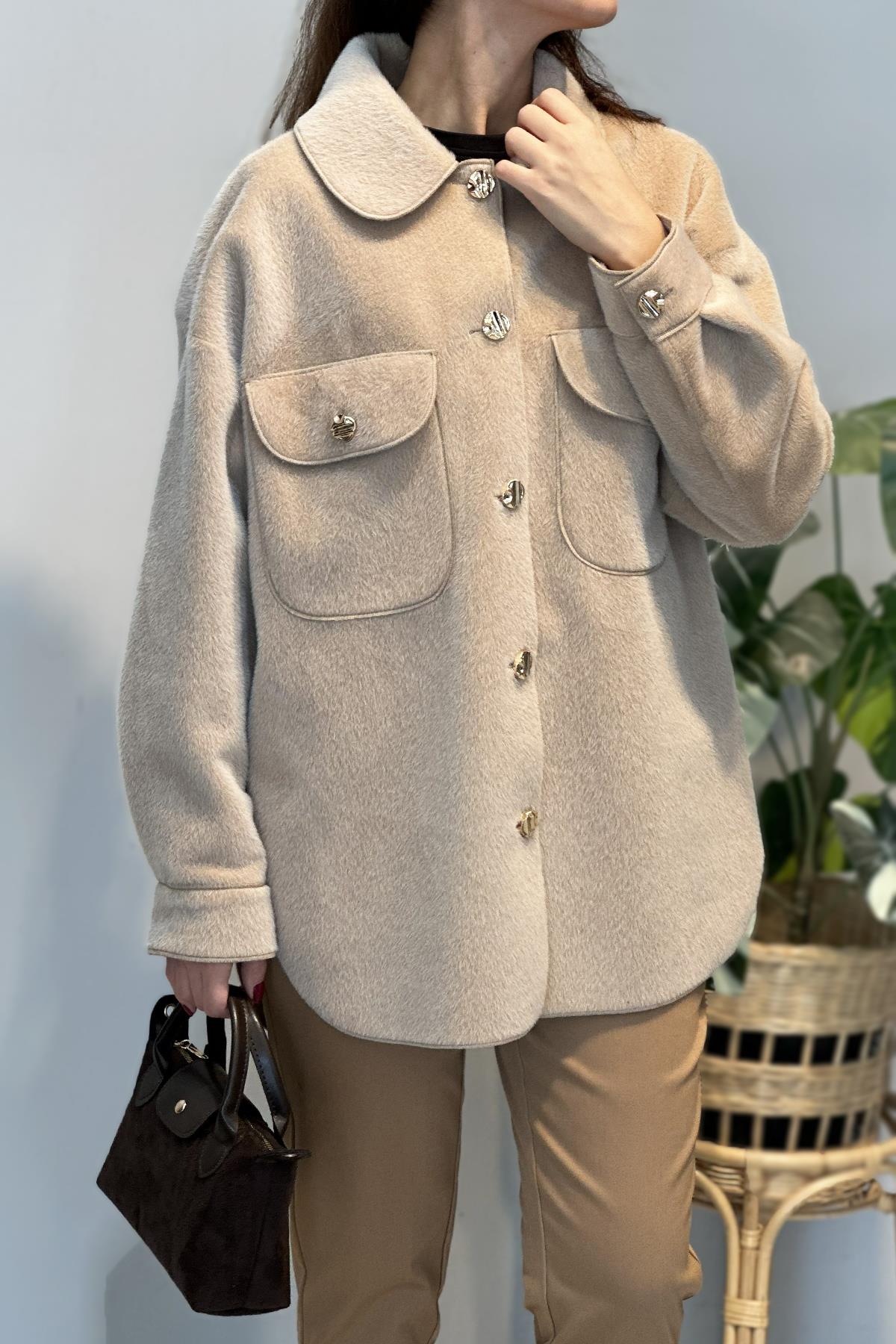 Cep ve Düğme Detaylı Ceket 35851 Bej