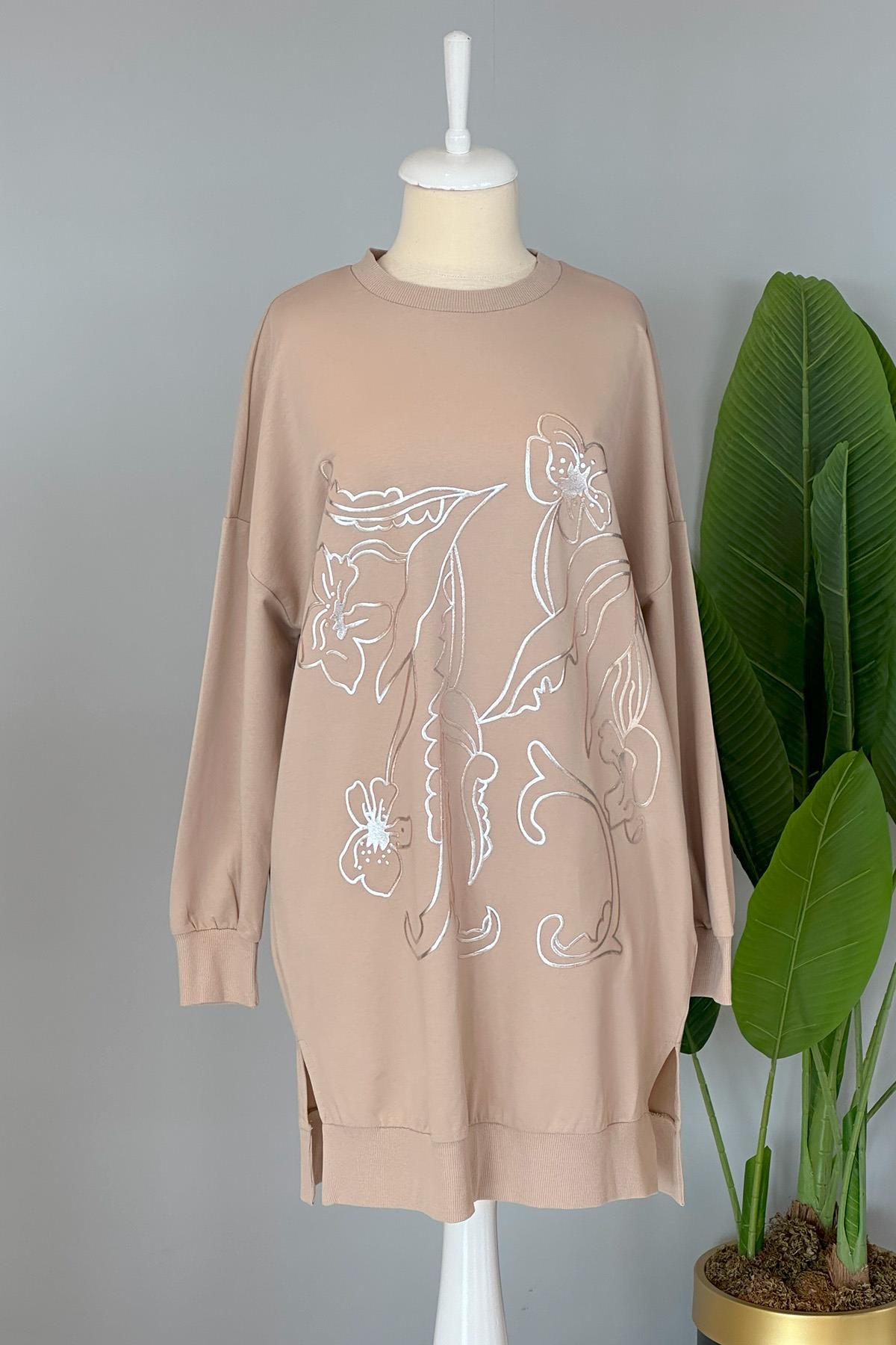 Çiçek Kabartmalı Basic Tunik Sweat 10448 Bej
