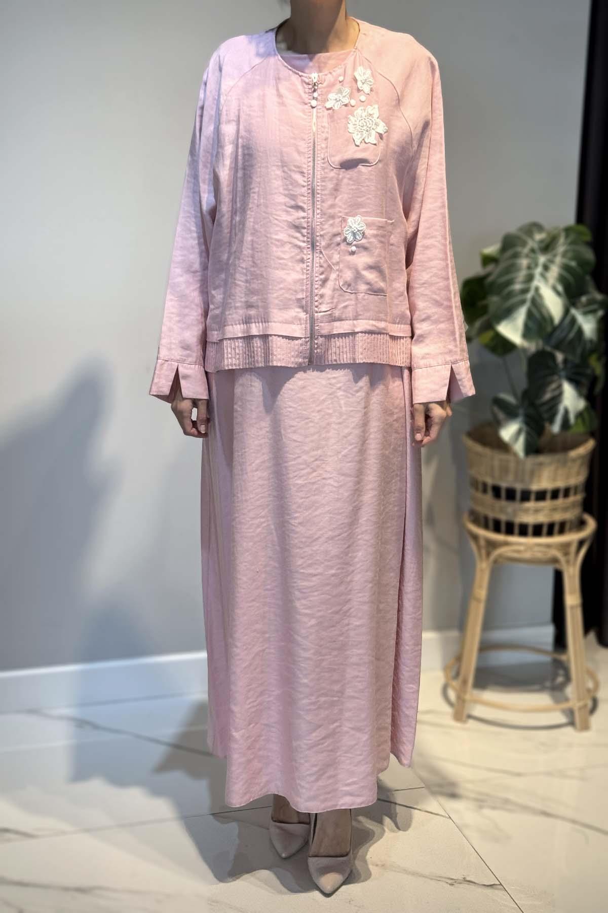 Çiçek ve Nervür Detay Elbiseli Takım 5961 Pembe