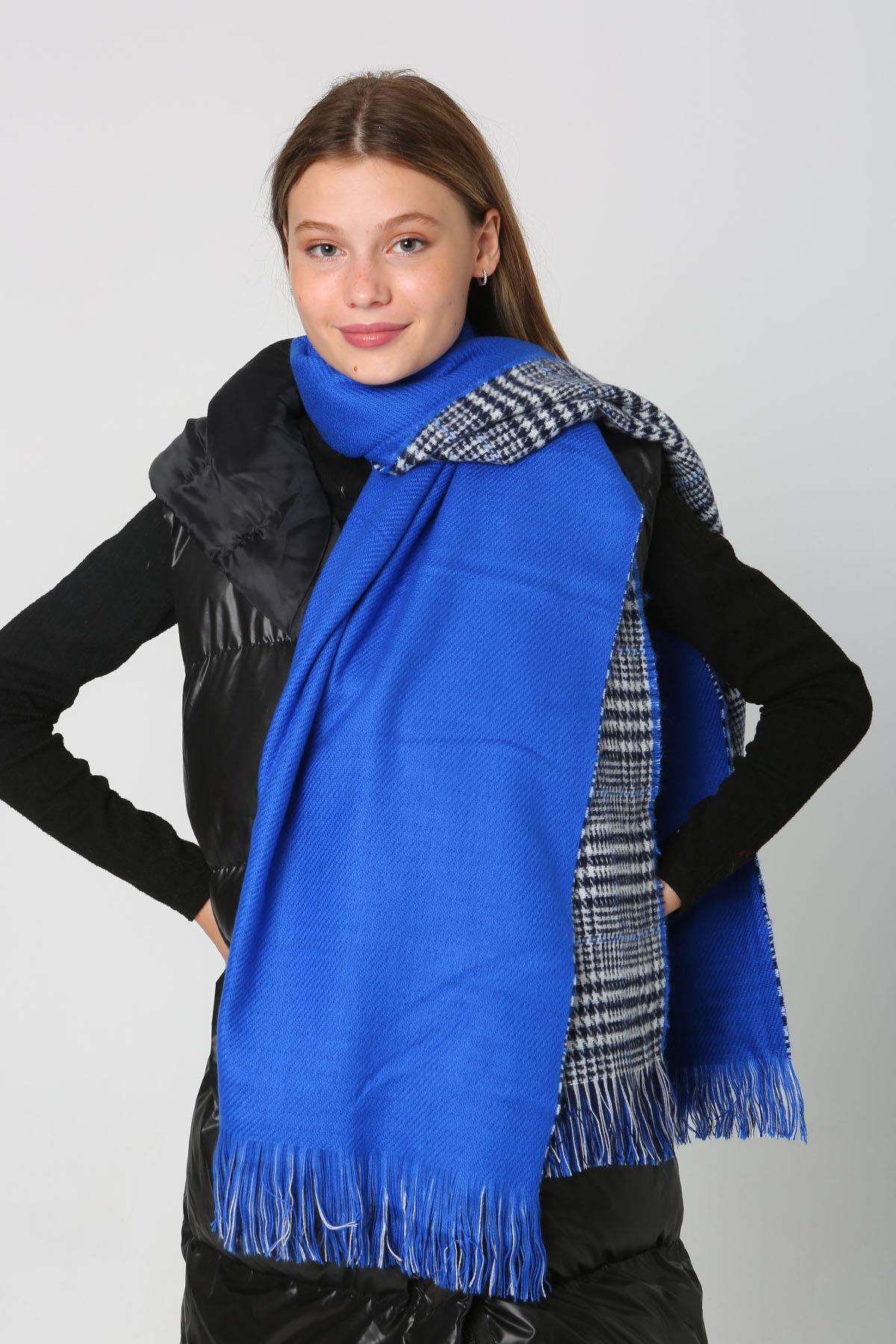 Çift Taraflı Kazayağı Ekose Desenli Atkı Omuz Şalı 70X185 cm 1212 Saks