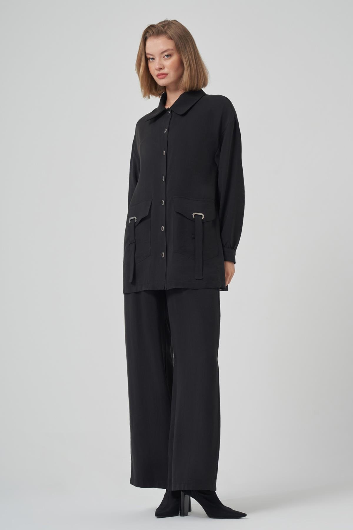 Çıtçıt ve Cep Detay Gömlek Pantolon Takım 1025 Siyah