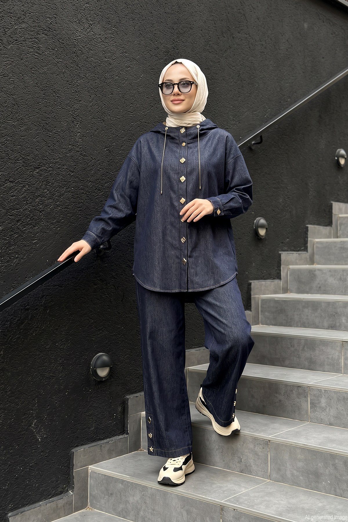 Çıtçıtları Farklı Kapüşonlu Örme Denim Kap Ceket ve Bol Paça Pantolonlu Takım 110 Orijinal