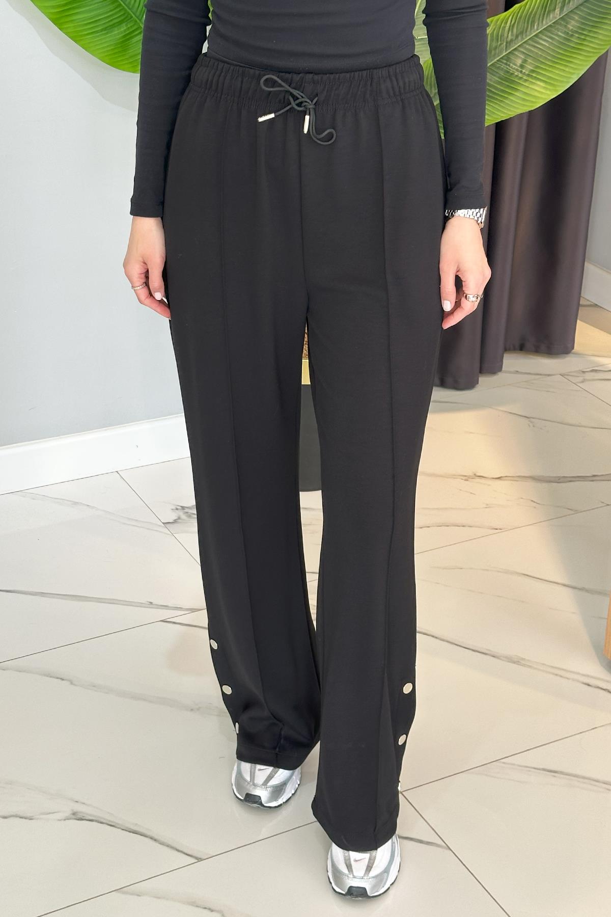 Çıtçıtlı Geniş Paça Pantolon 33671 Siyah