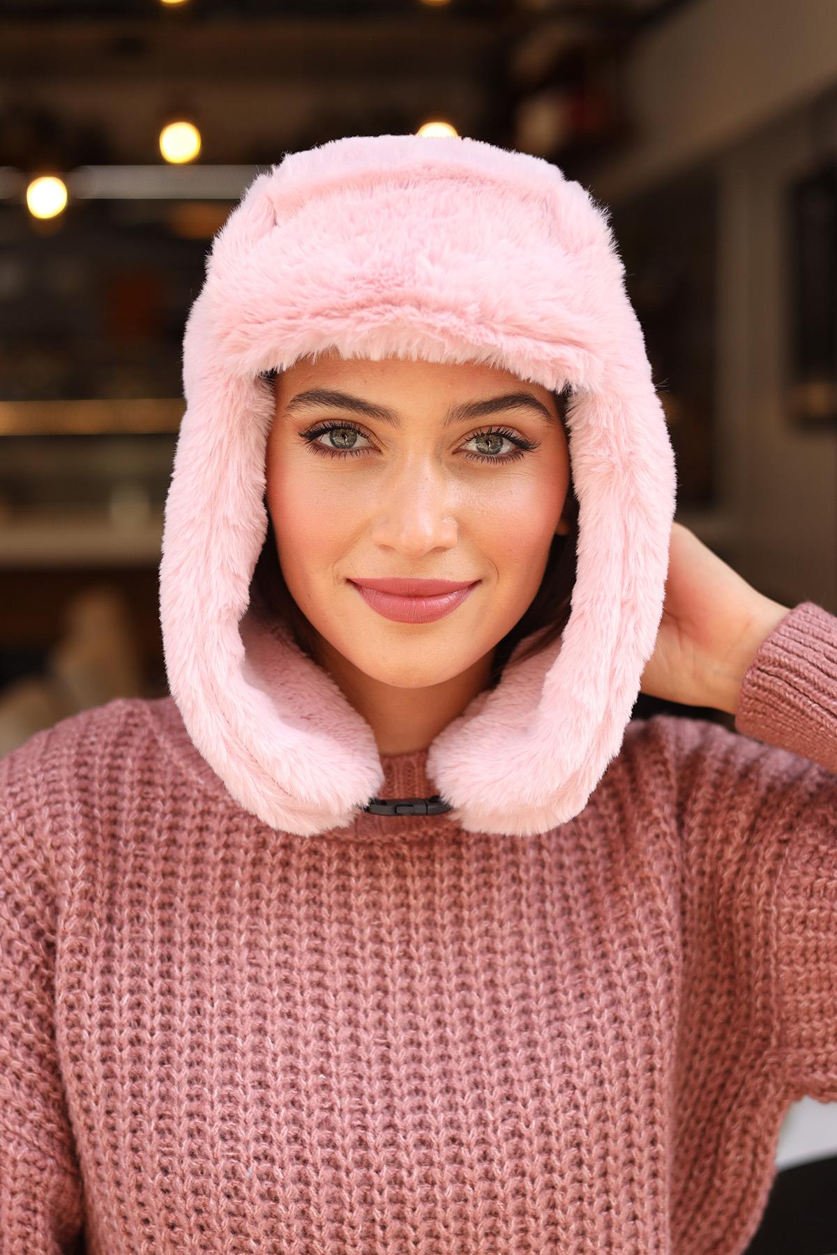 Çıtçıtlı Kürklü Kulaklıklı Peluş Bere Şapka RKŞ-03 Pudra