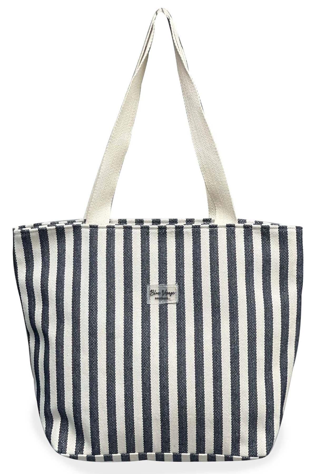 Çizgili Pamuk Plaj Çantası Koyu Lacivert