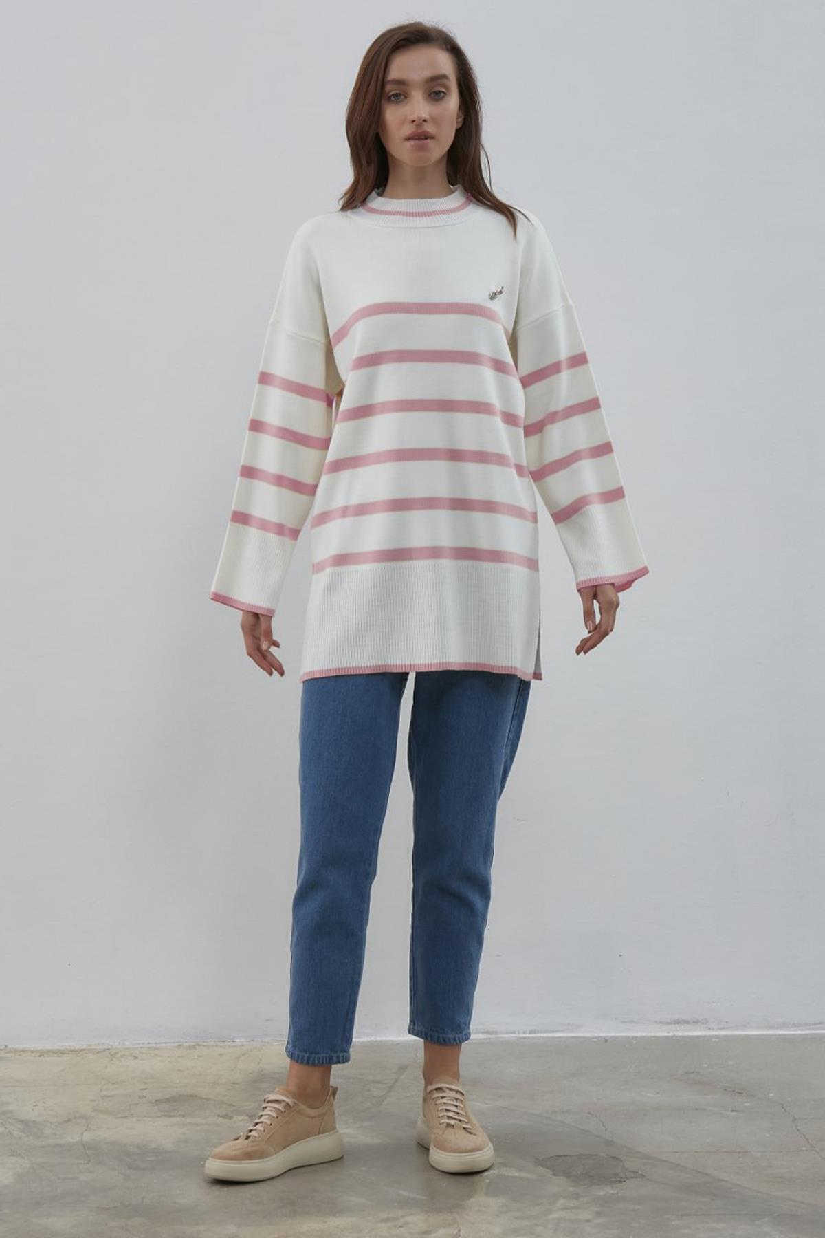 Çizgili Triko Tunik 756 Pembe