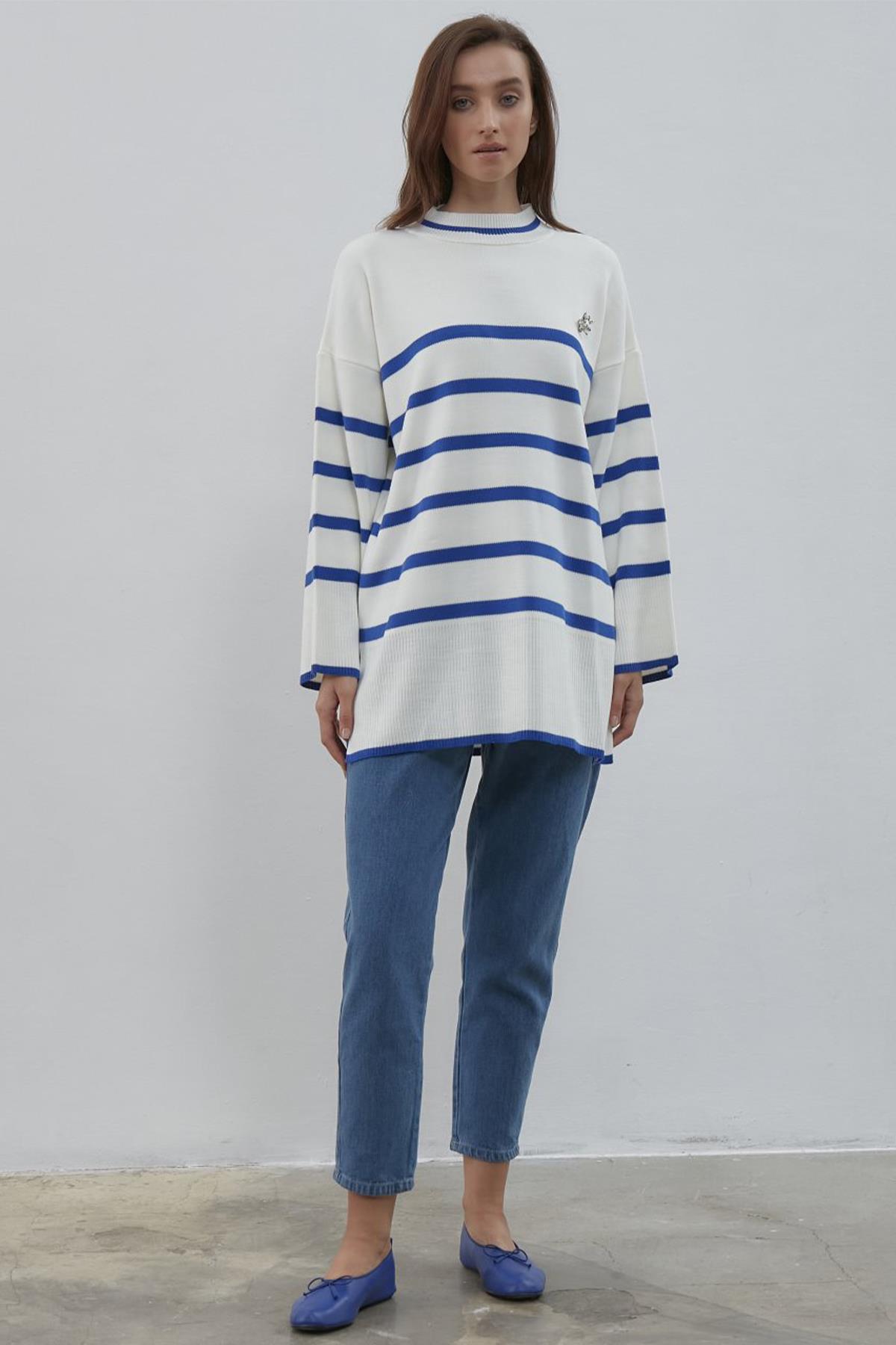 Çizgili Triko Tunik 756 Sax