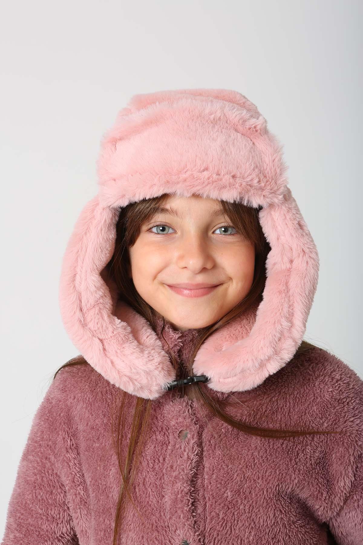 Çocuk Çıtçıtlı Kürklü Kulaklıklı Peluş Bere Şapka RKŞ-Ç-03 Pudra