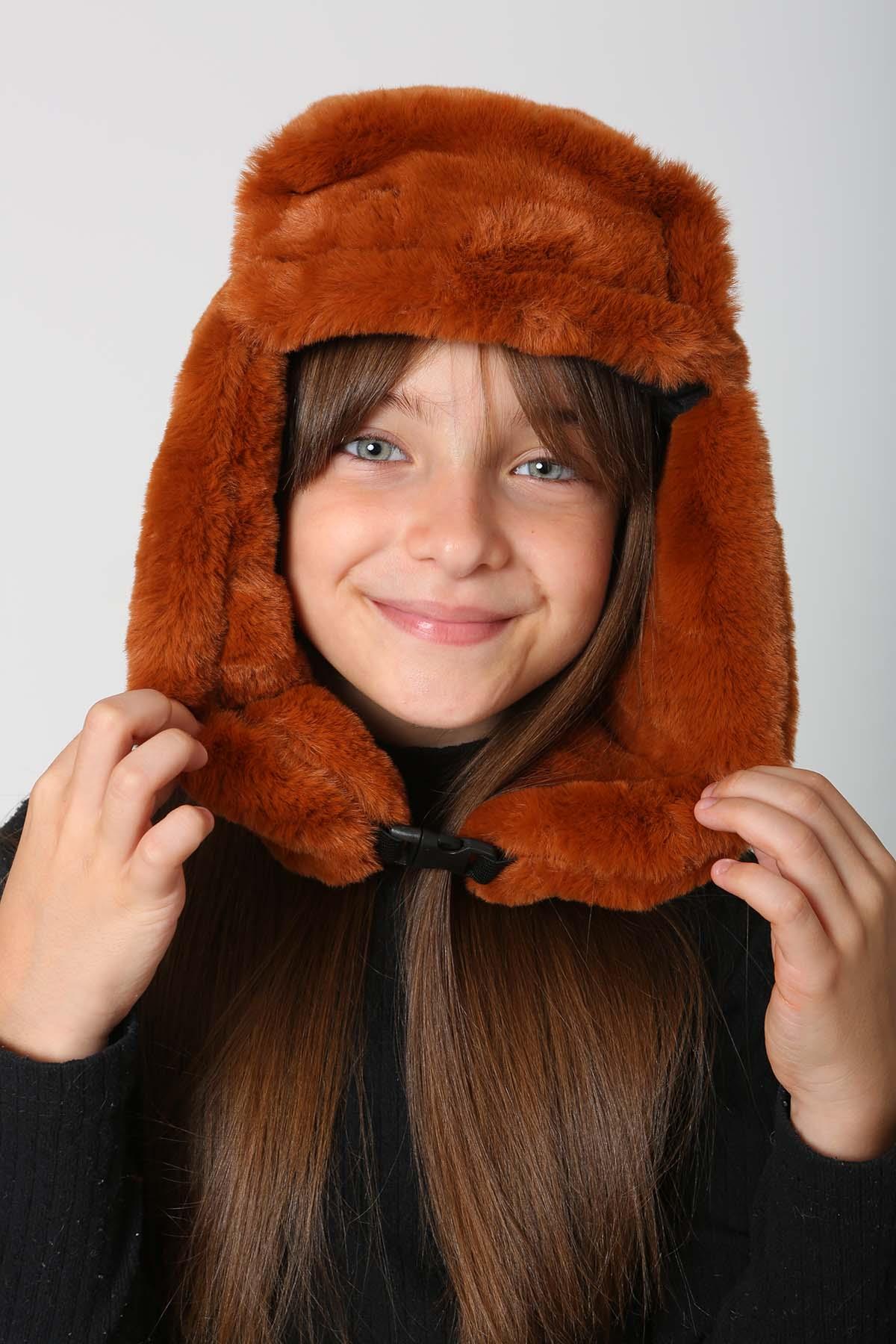 Çocuk Çıtçıtlı Kürklü Kulaklıklı Peluş Bere Şapka RKŞ-Ç-03 Kiremit