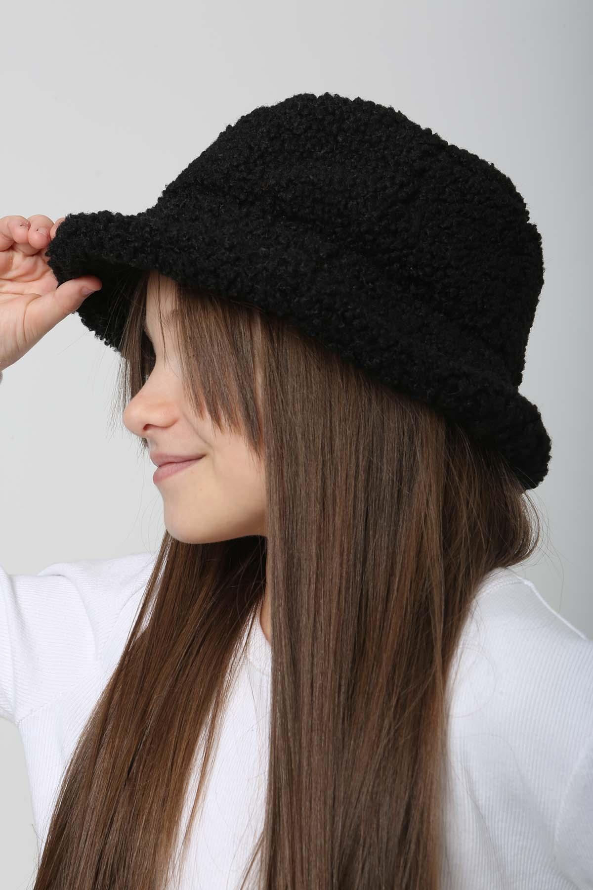 Çocuk Kıvırcık Peluş Bucket Şapka RKŞ-Ç-10 Siyah