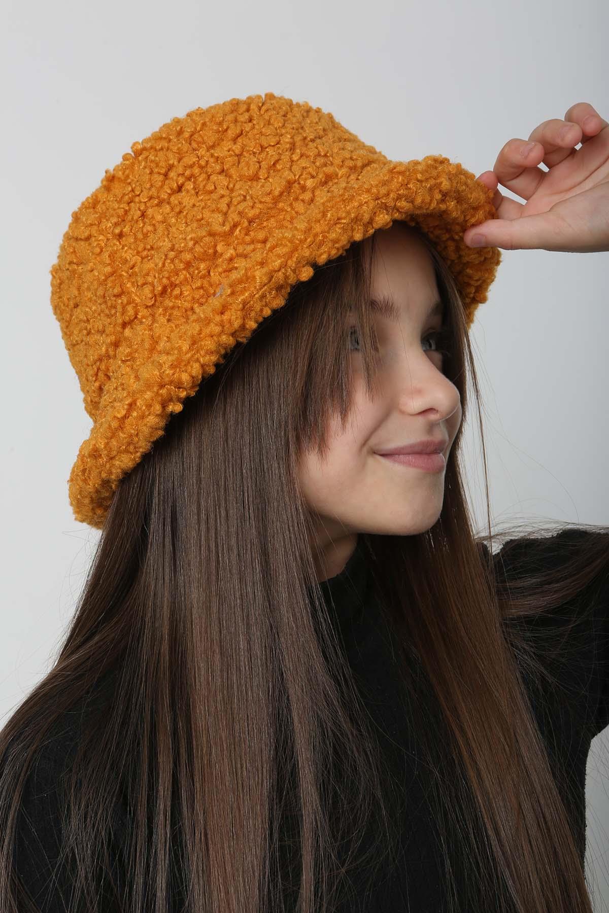 Çocuk Kıvırcık Peluş Bucket Şapka RKŞ-Ç-10 Hardal