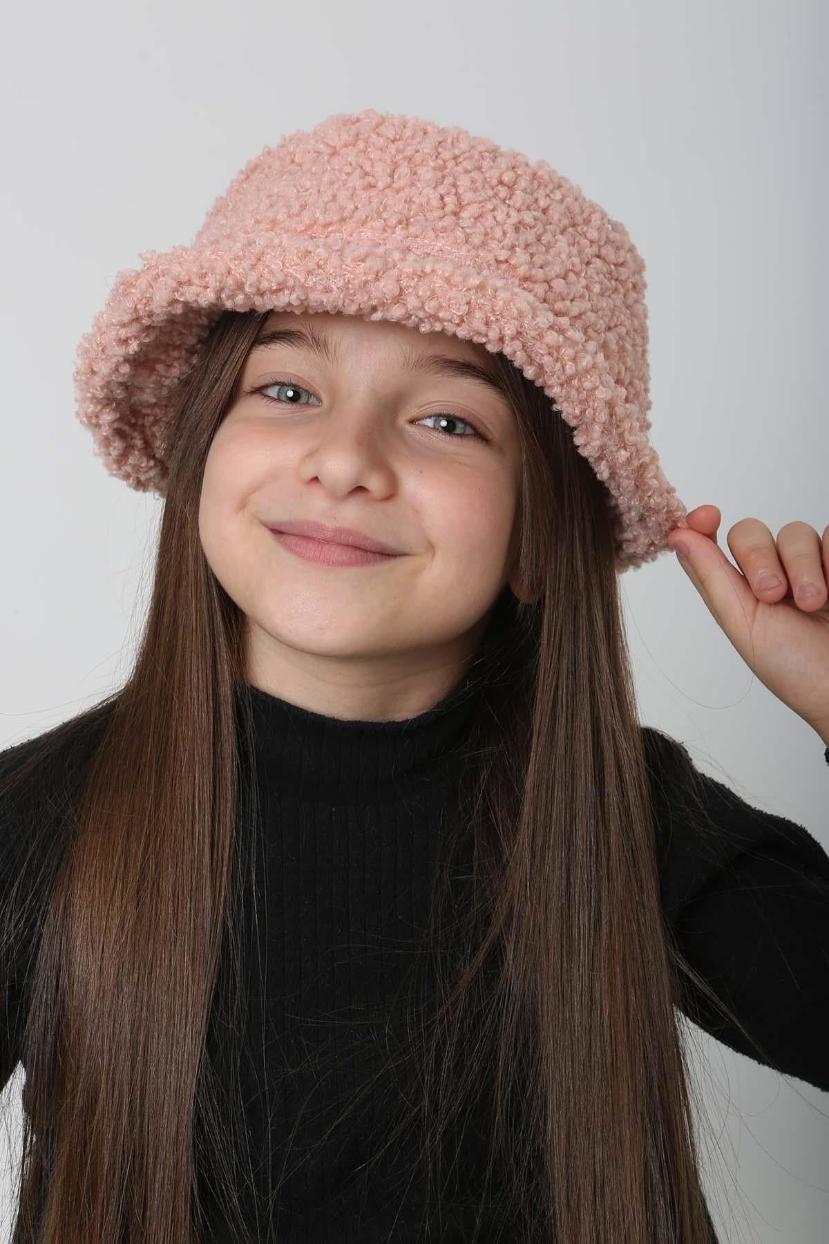 Çocuk Kıvırcık Peluş Bucket Şapka RKŞ-Ç-10 Pudra