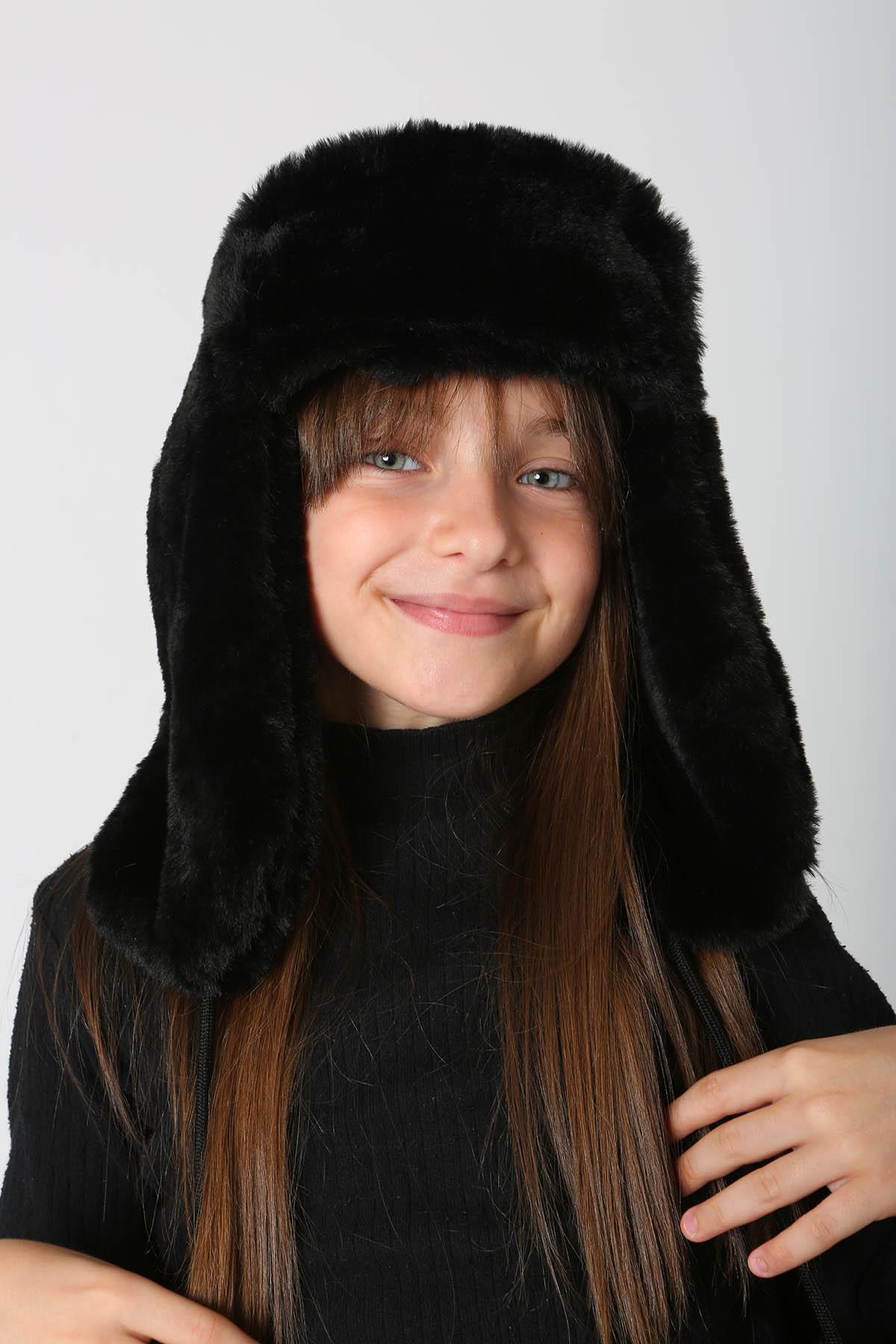 Çocuk Kürklü Kulaklıklı Peluş Şapka RKŞ-Ç-04 Siyah