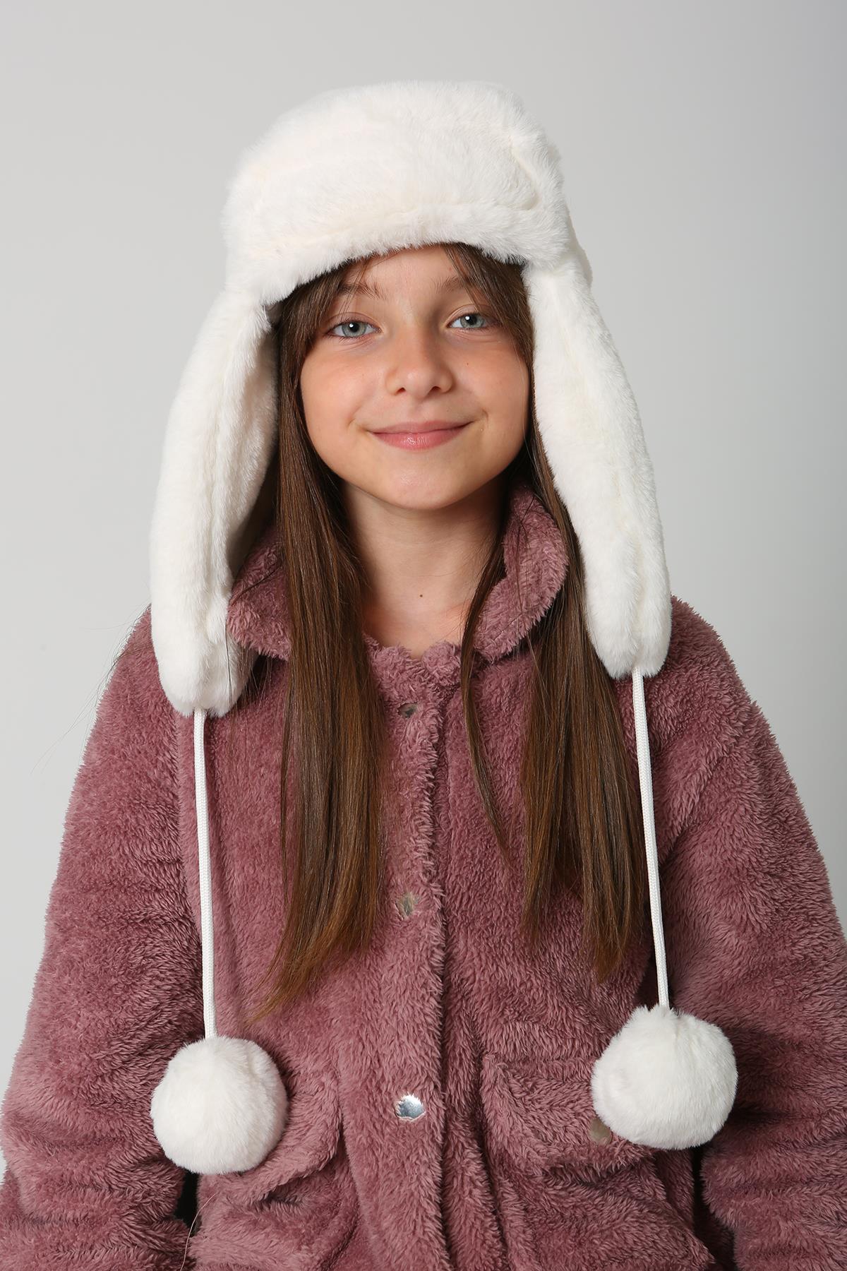 Çocuk Kürklü Kulaklıklı Peluş Şapka RKŞ-Ç-04 Ekru