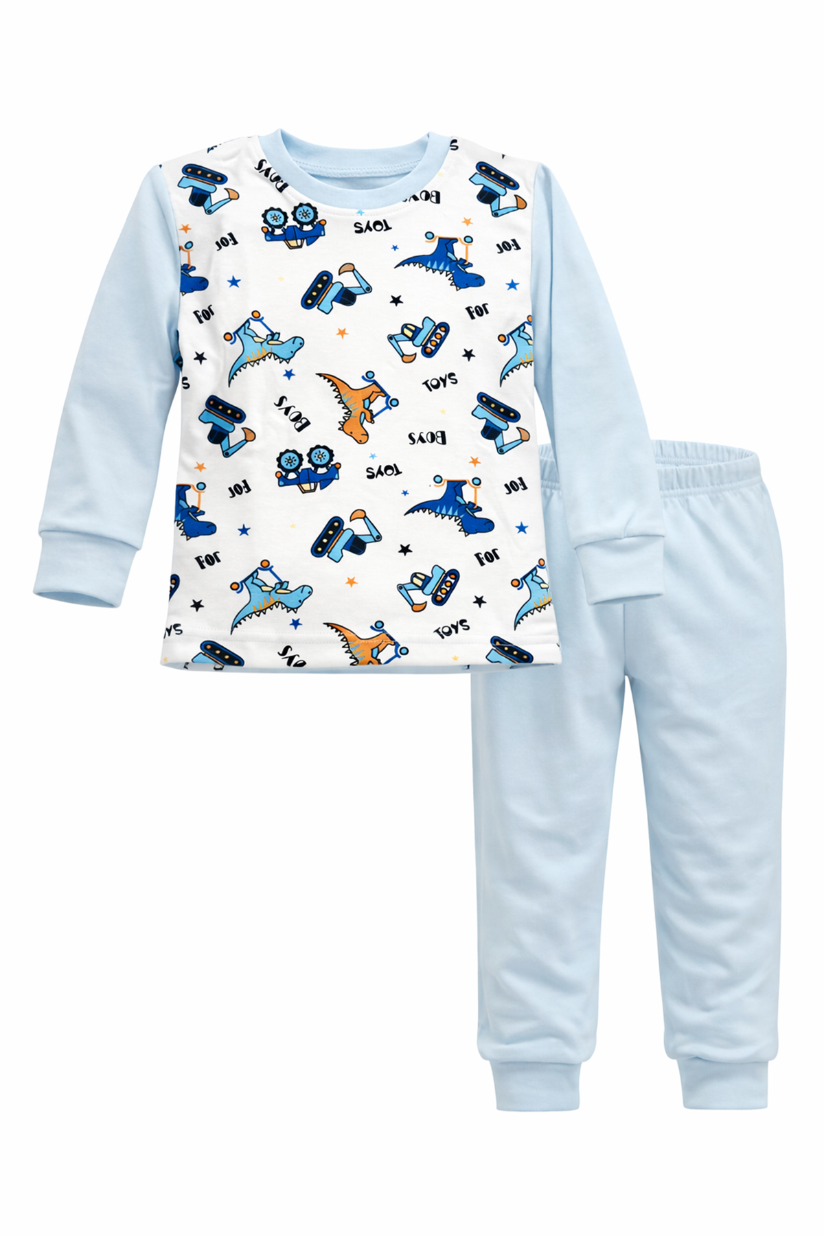 Çocuk Pamuklu Desenli Pijama Takımı 6068-06 Bebe Mavi