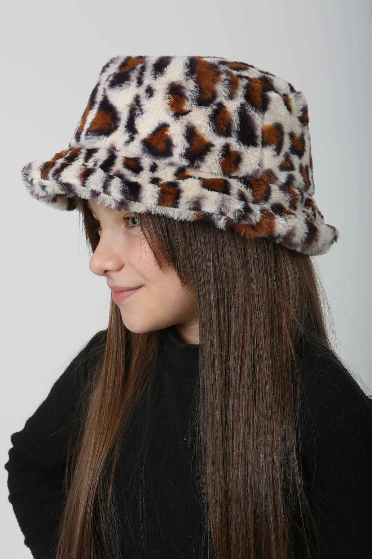 Çocuk Peluş Bucket Şapka RKŞ-Ç-01 Ekru Leopar